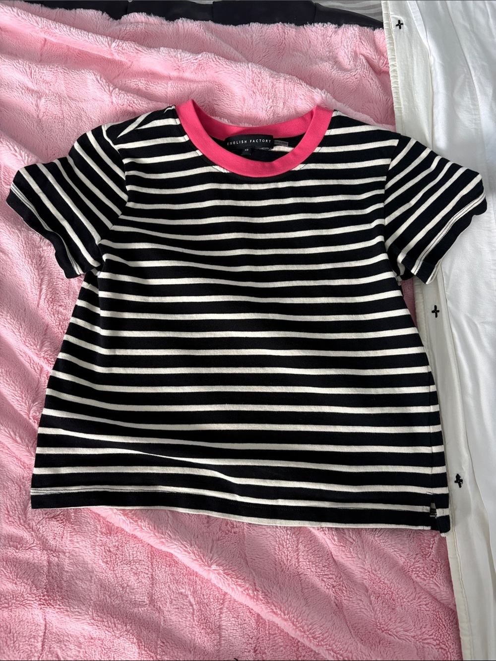 English Factory Black & White Striped Tee with Hot Pink Collar